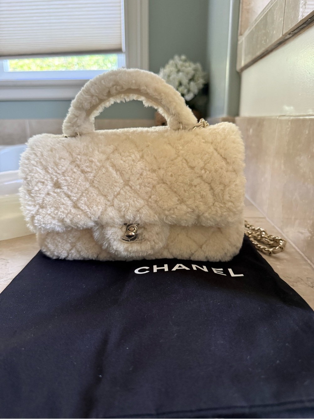 CHANEL Cream Shearling Mini Flap Top-Handle Bag